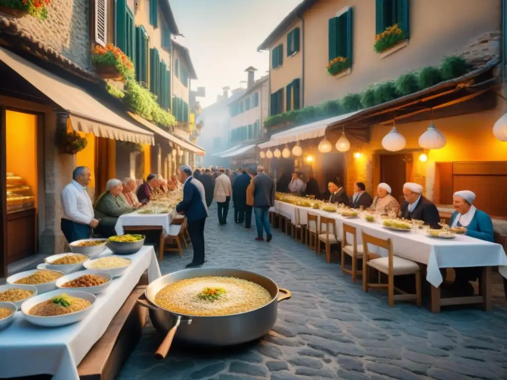 Influencia festividades cocina norte Italia: Escena vibrante de un festival en un pueblo italiano con platos típicos y personas felices al atardecer