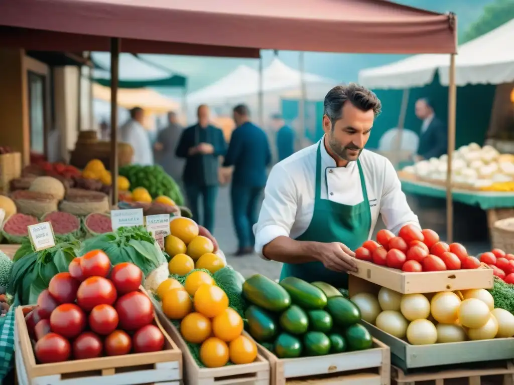 Influencia francesa en cocina piamontesa: Animado mercado en Piamonte, Italia, con productos frescos y chef seleccionando tomates maduros