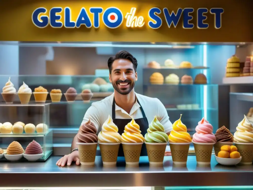 Influencia del Gelato en Italia: Escena animada de una heladería tradicional italiana, llena de coloridos sabores y clientes felices