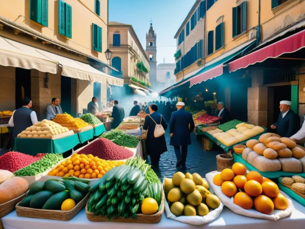 Influencia gastronomía siciliana en tendencias: Mercado siciliano lleno de vida con vendedores, frutas coloridas y catedral al fondo