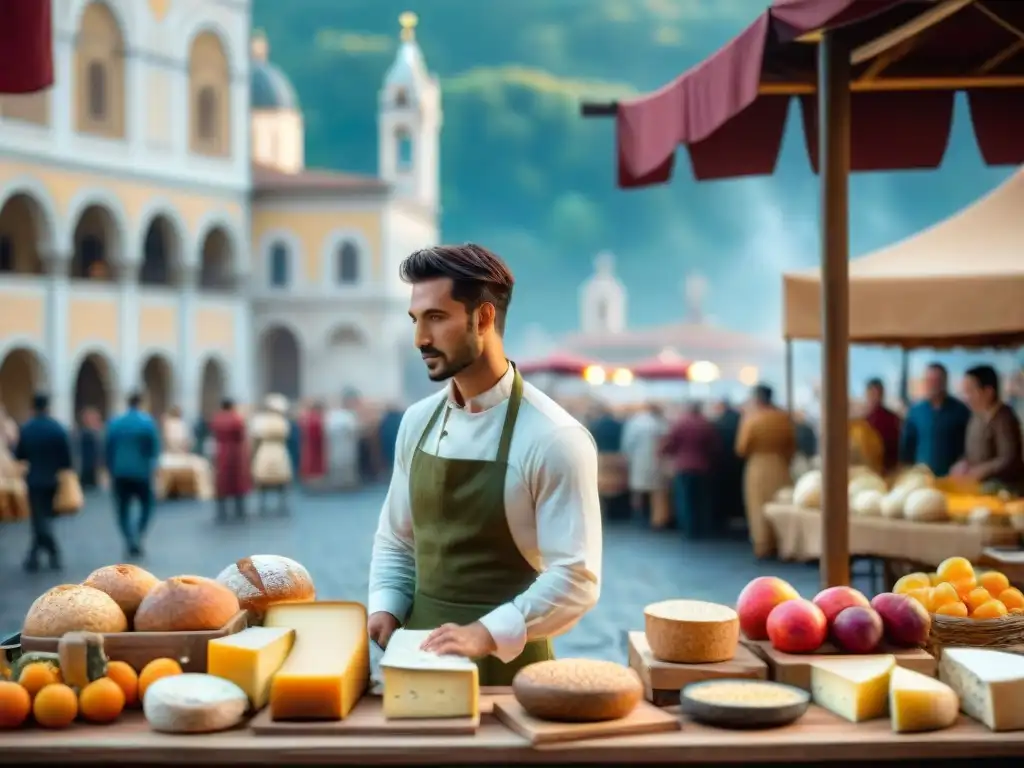 Influencias renacentistas en cocina italiana: Mercado italiano del Renacimiento, lleno de vida y coloridos alimentos frescos