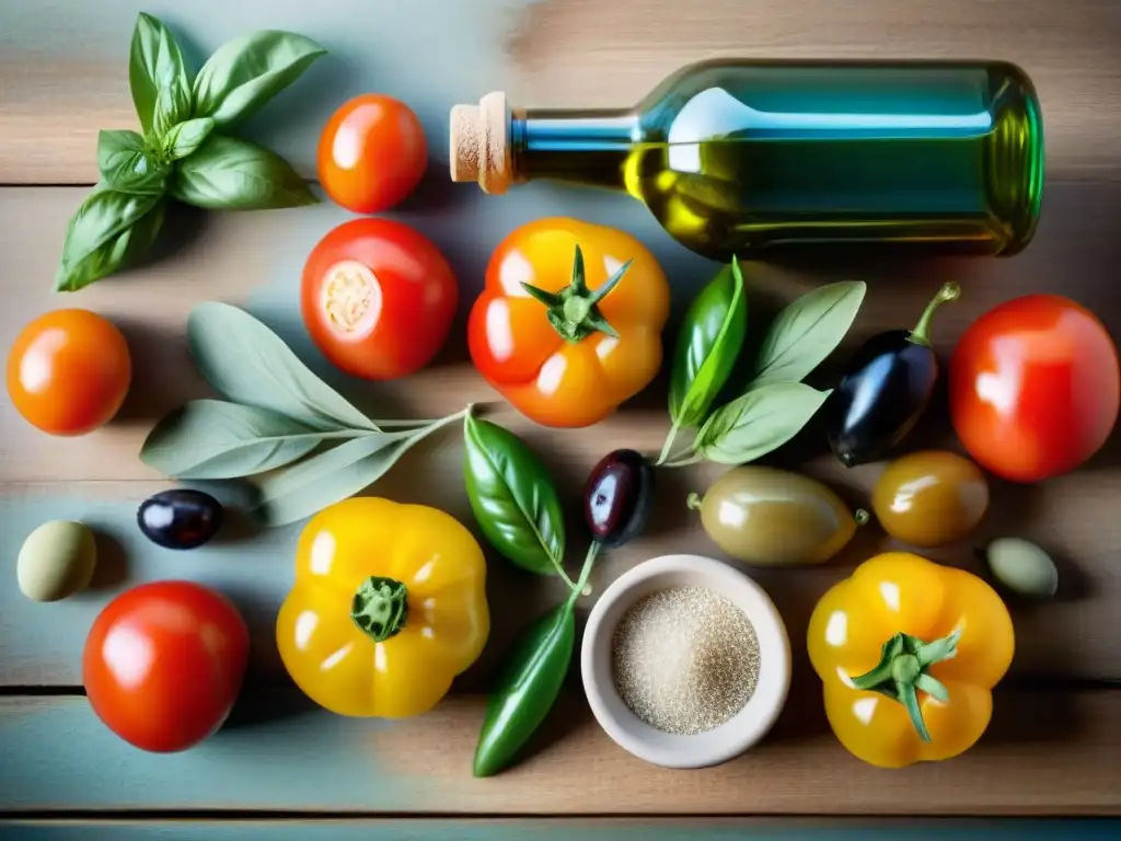 Sabores mediterráneos en mesa de madera Ingredientes clave de la dieta mediterránea en una composición vibrante y fresca sobre una mesa rústica