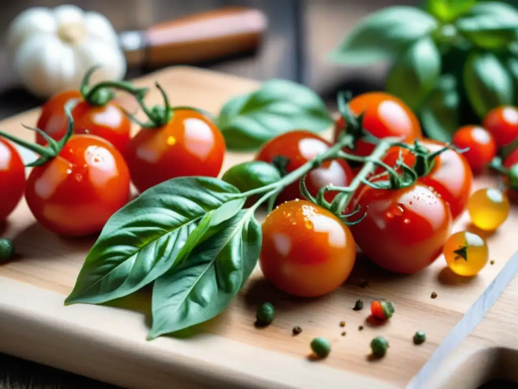 Ingredientes frescos para una receta auténtica de kimchi italiano, tomates cherry rojos, albahaca y ajos, sobre tabla de madera rústica