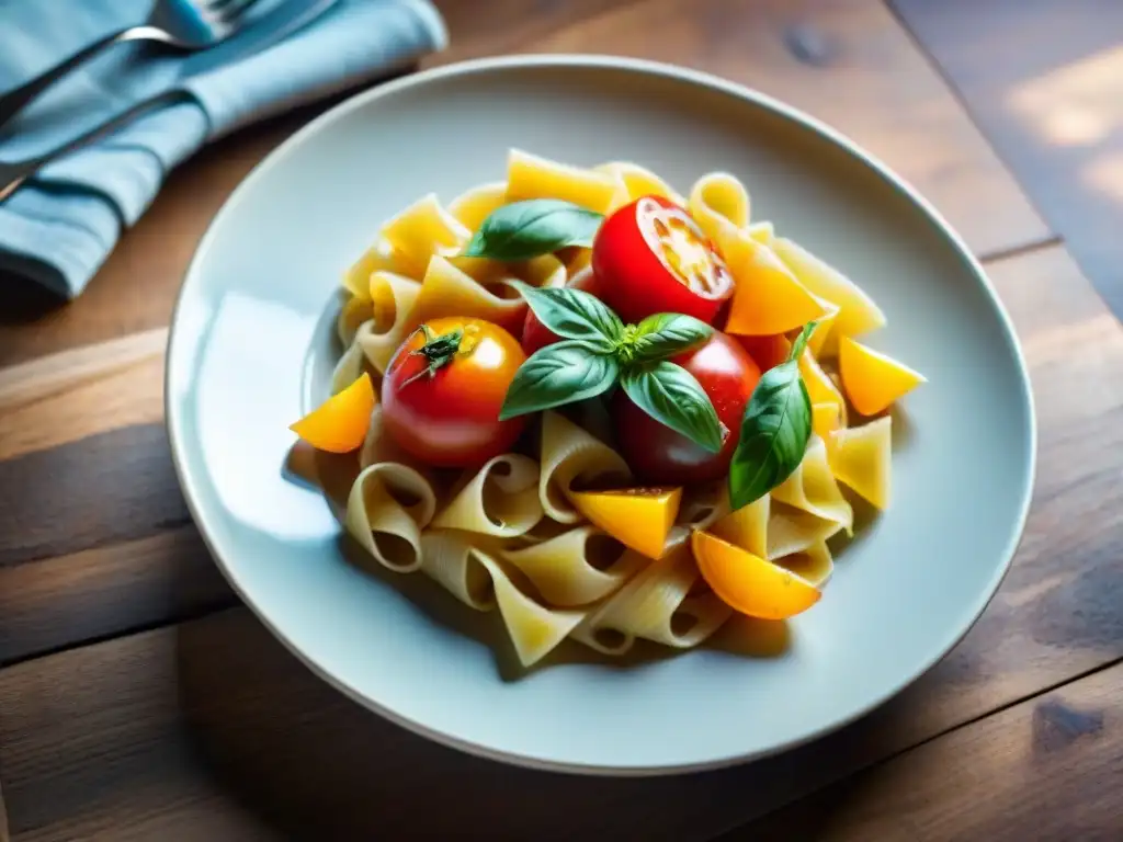 Ingredientes sostenibles para platos italianos: Pasta fresca con tomates y albahaca sobre mesa de madera rústica