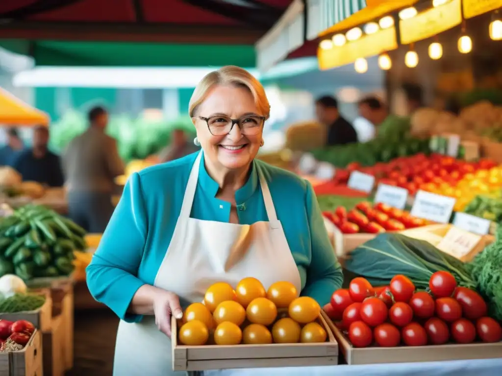 Lidia Bastianich inmersa en la atmósfera vibrante de un mercado italiano, rodeada de colores y sabores frescos