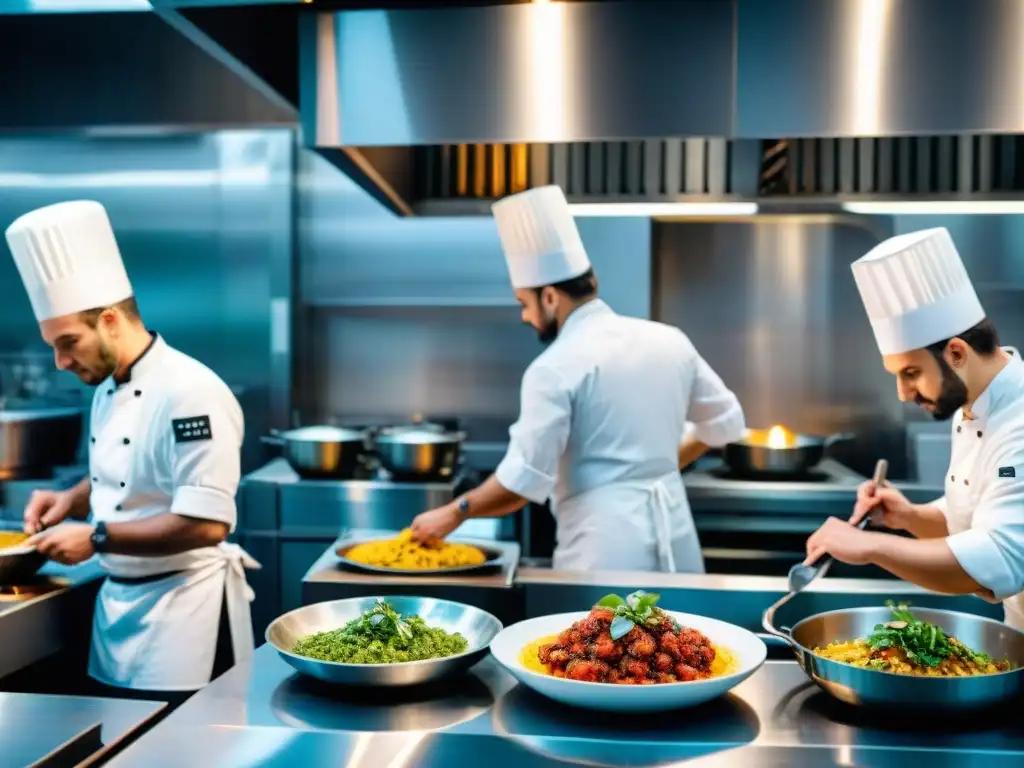 Innovaciones en cocina italiana: chefs crean platos mediterráneos con un toque moderno en una bulliciosa cocina durante el servicio de cena