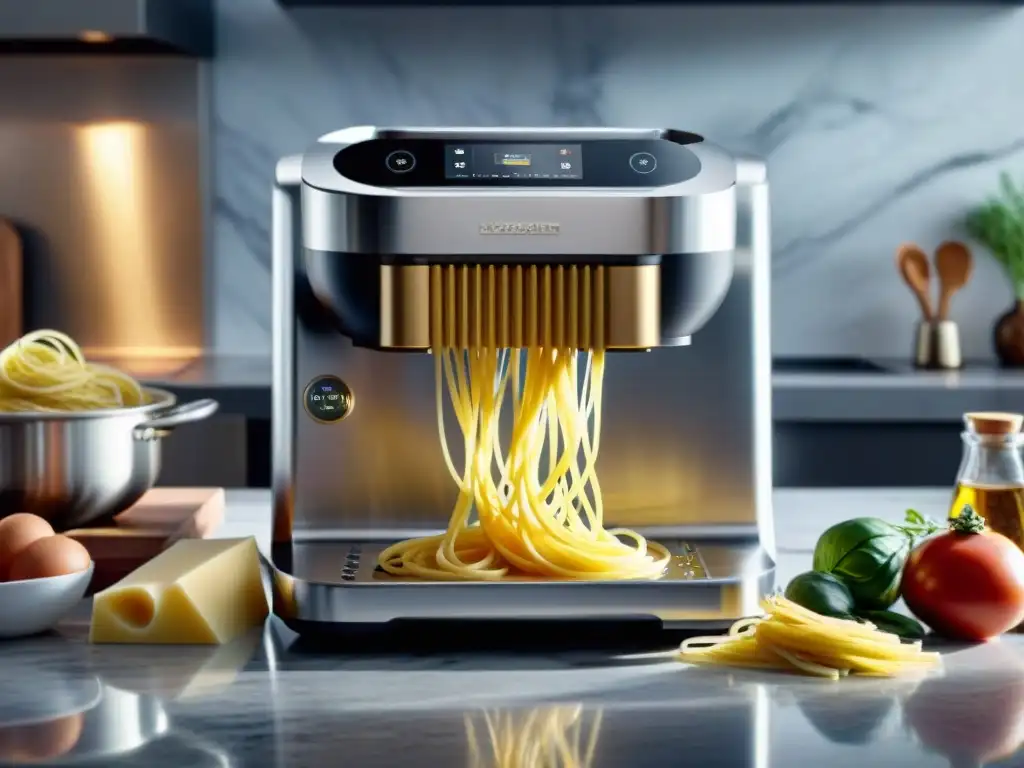 Un innovador gadget inteligente en una cocina italiana moderna, creando pasta perfecta