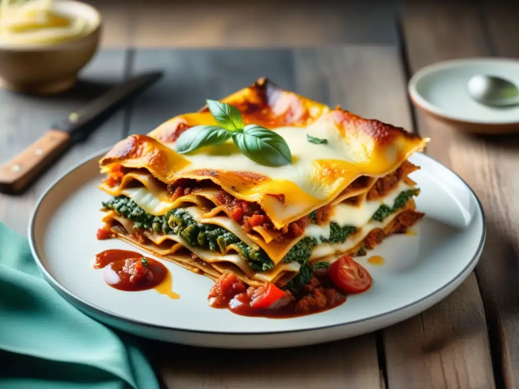 Deliciosa lasaña vegetariana: colorida y detallada obra culinaria Deléitate con una innovadora receta de lasaña vegetariana italiana