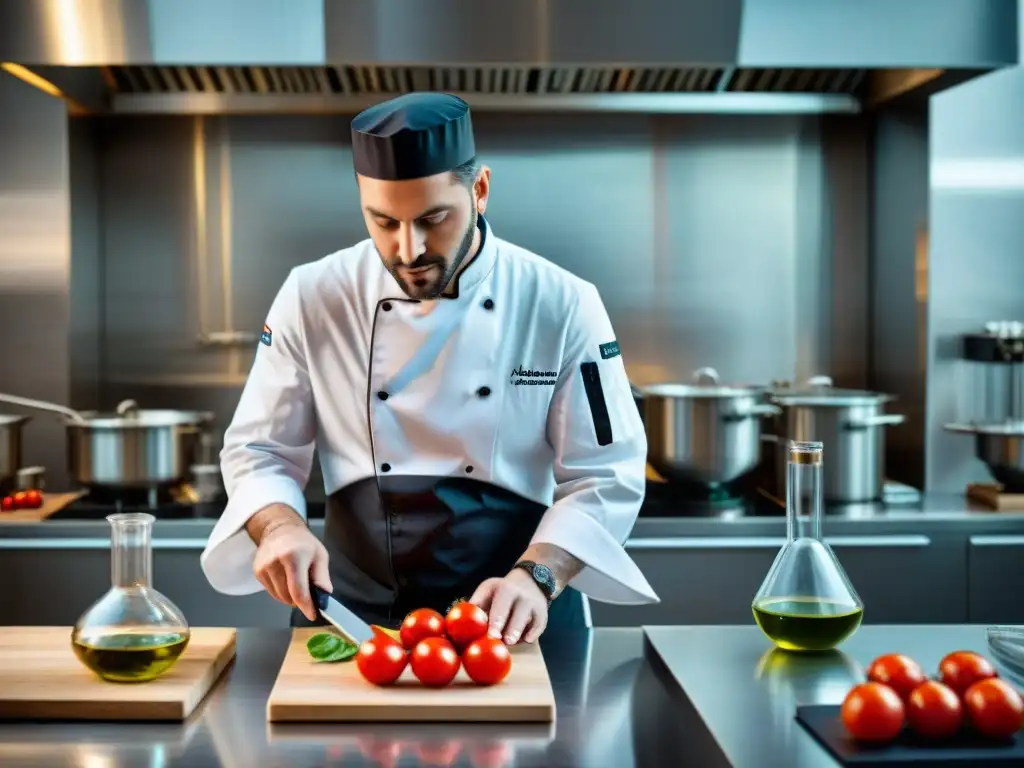 Chef experto reinventa salsa de tomate italiana con gastronomía molecular Innovadora fusión de sabores italianos con técnicas de cocina italiana modernas