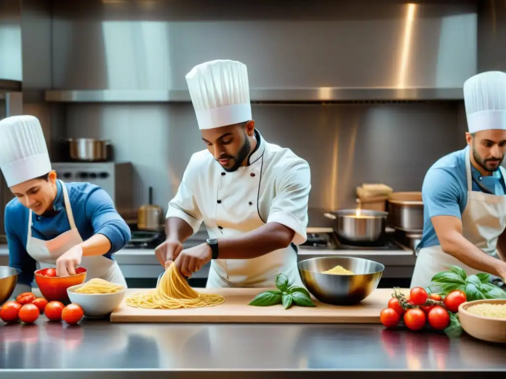 Inspiradora clase de cocina italiana innovadora con chef enseñando a hacer pasta fresca