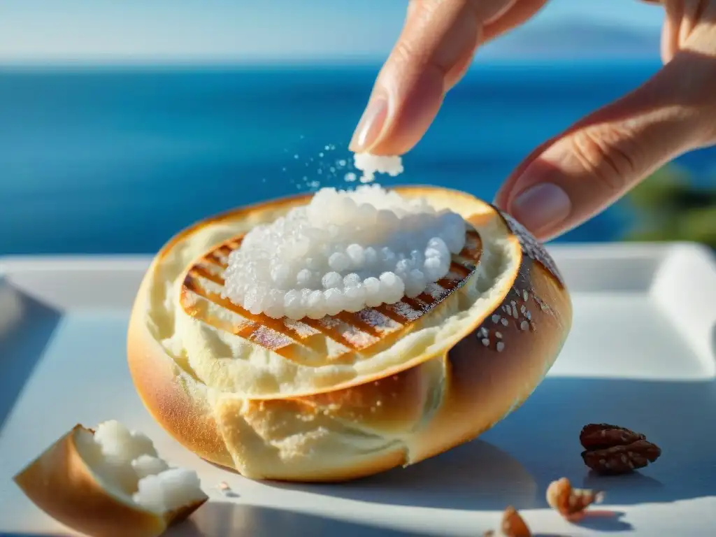 Un instante detenido: Mano esparciendo sal marina sobre friselle recién tostadas, con el mar Mediterráneo de fondo bajo un cielo azul