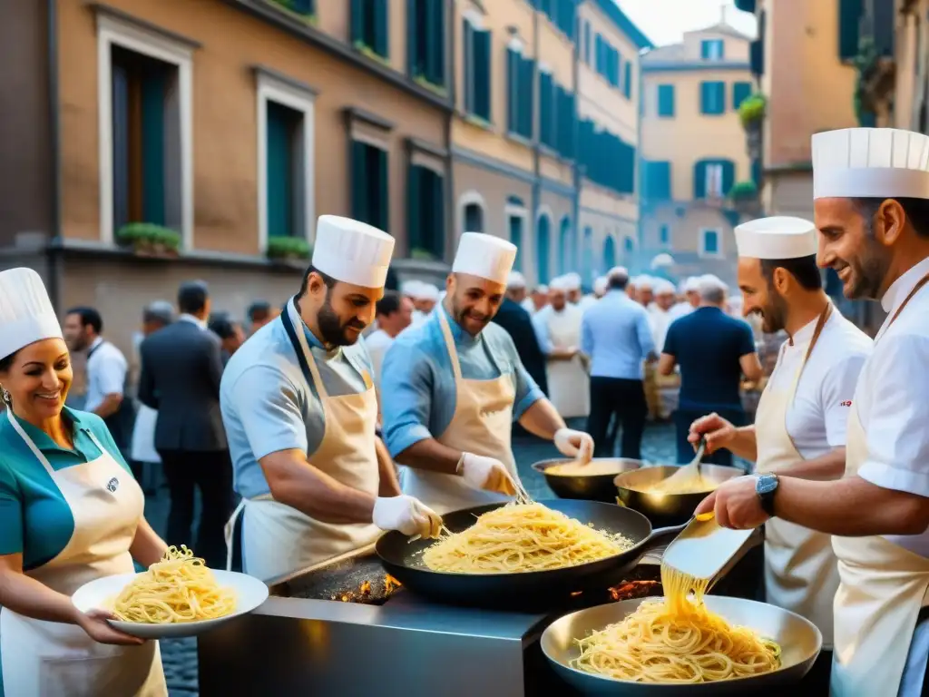 Intensa competencia de pasta carbonara en Roma, chefs apasionados preparan platos bajo el cálido sol romano