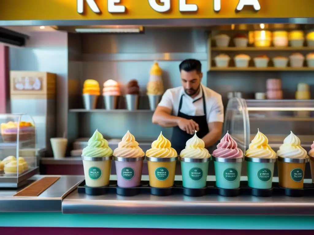 Interior acogedor de una heladería italiana tradicional con variedad de sabores de gelato en envases metálicos