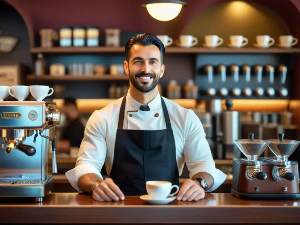 Interior de una cafetería histórica en Italia, con máquinas de espresso antiguas y tazas de café