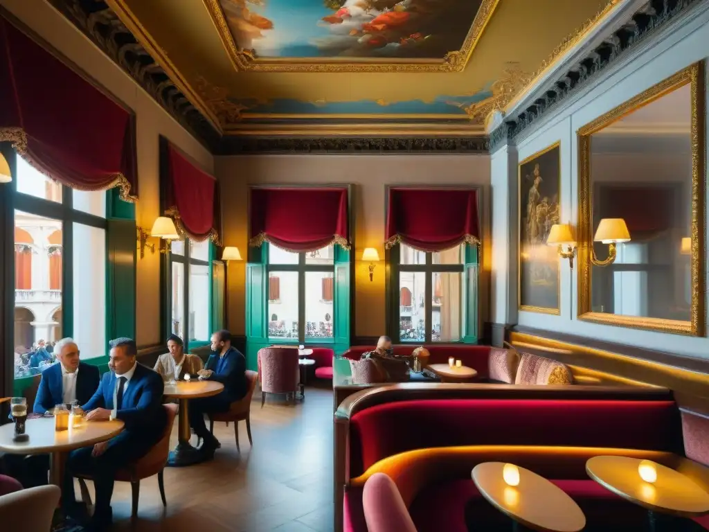 Interior detallado del histórico Caffè Florian en Venecia, Italia, con decoración del siglo XVIII