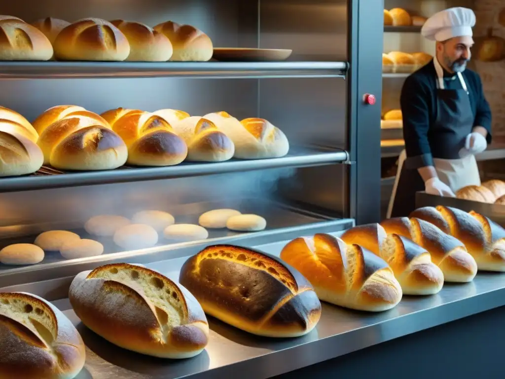 El interior de una panadería italiana en Lariano, bulliciosa con la elaboración de Pane di Lariano con carbón