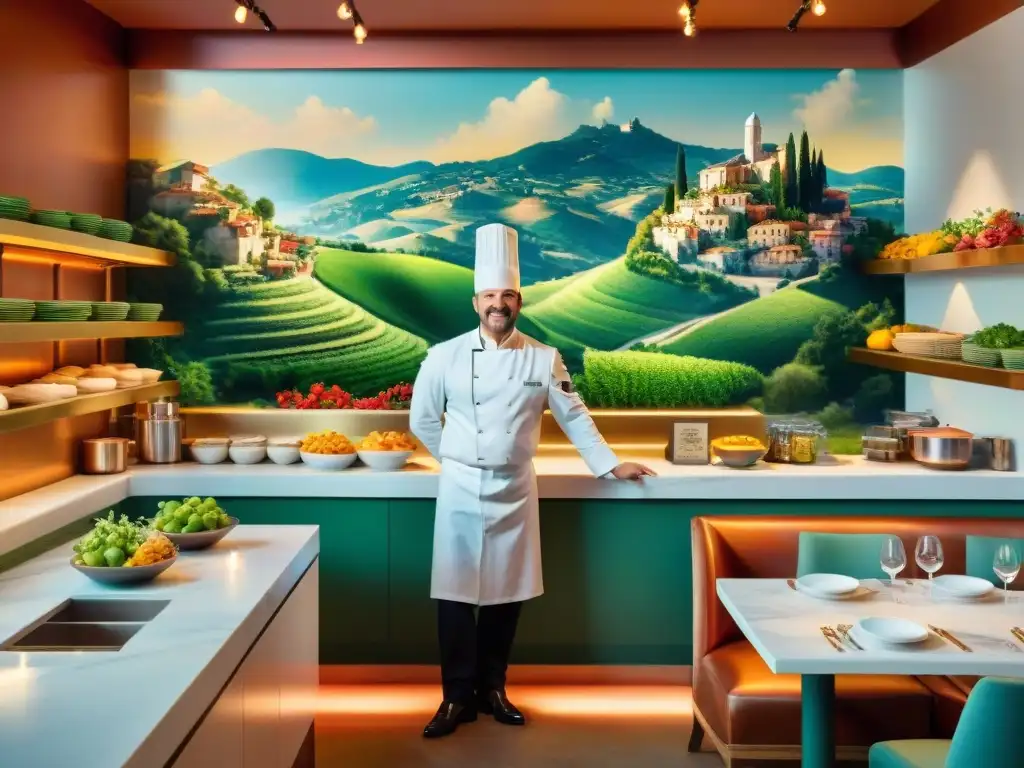 Interior de restaurante italiano moderno con cocina abierta, chefs creando platos visualmente impresionantes y mural de campo italiano