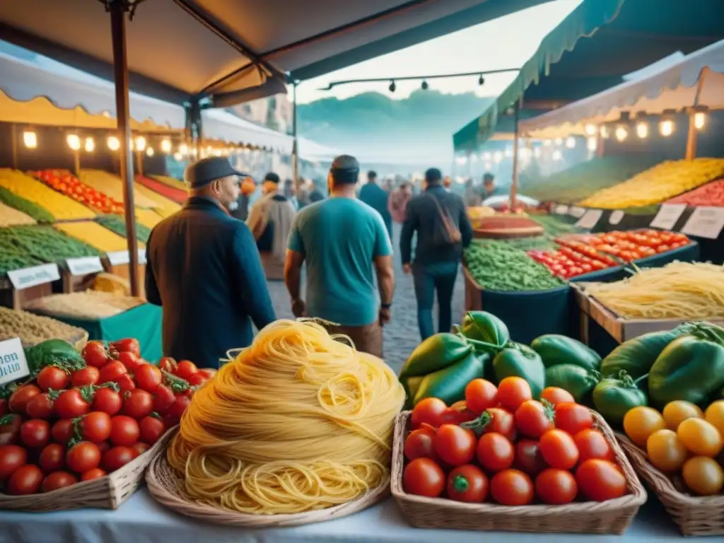 Interpretaciones artísticas de comidas italianas clásicas en bullicioso mercado