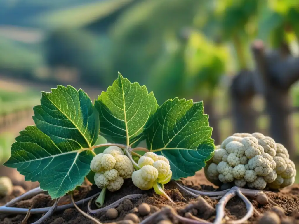 Intrincada red de trufas blancas junto a raíces de vid en viñedos de Piamonte