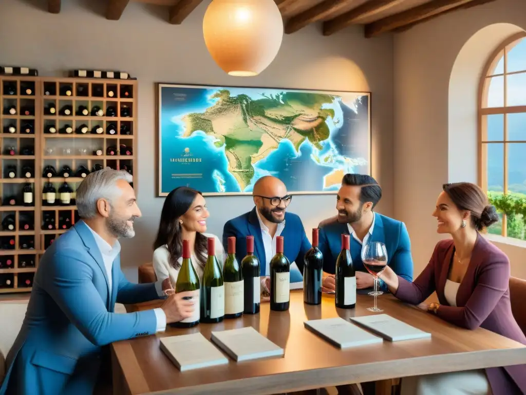 Inversión en vinos italianos certificados: Reunión de aficionados al vino con sommelier, ambiente educativo y acogedor