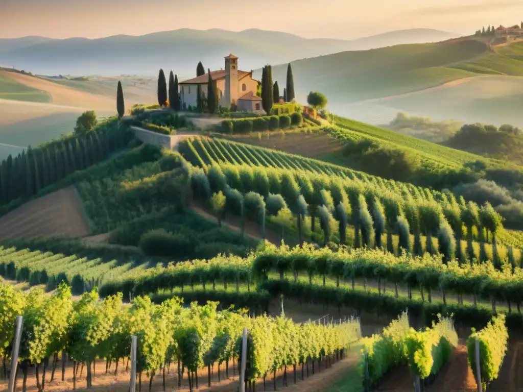 Inversión en vinos italianos certificados: Viñedo en la Toscana al atardecer, con viticultores trabajando entre las vides