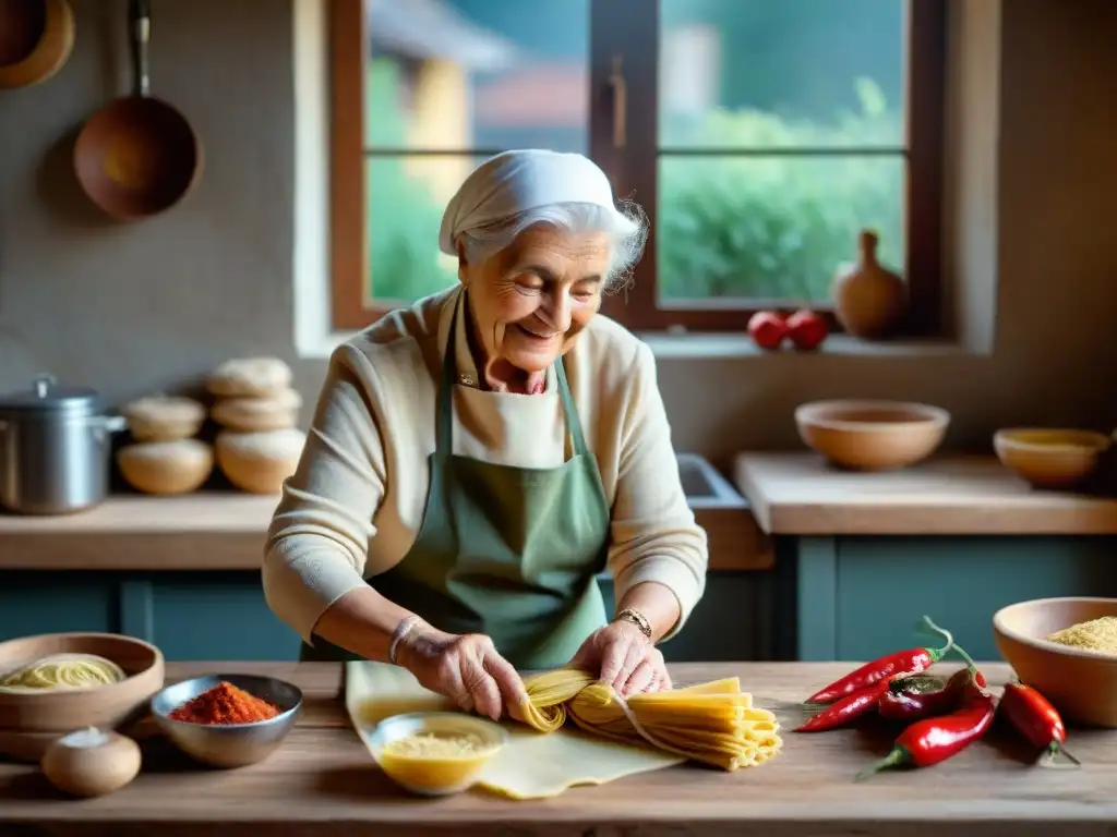 Nonna italiana amasa pasta casera en cocina tradicional con hierbas secas y chiles