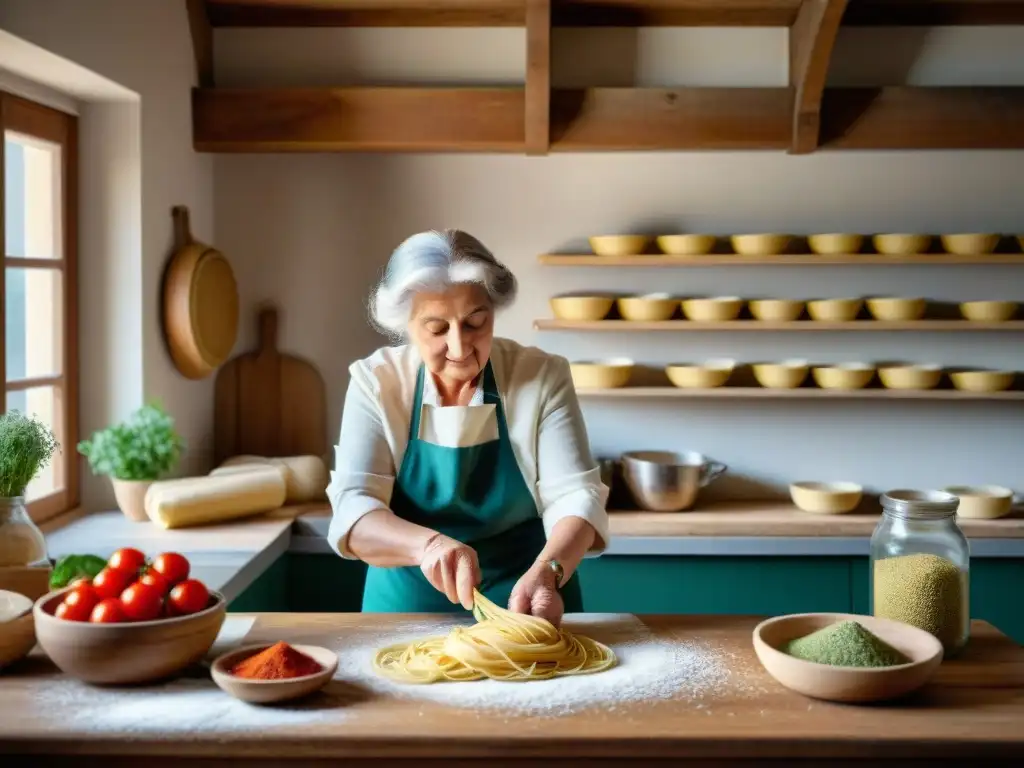 Nonna italiana amasa pasta fresca con concentración en cocina vintage