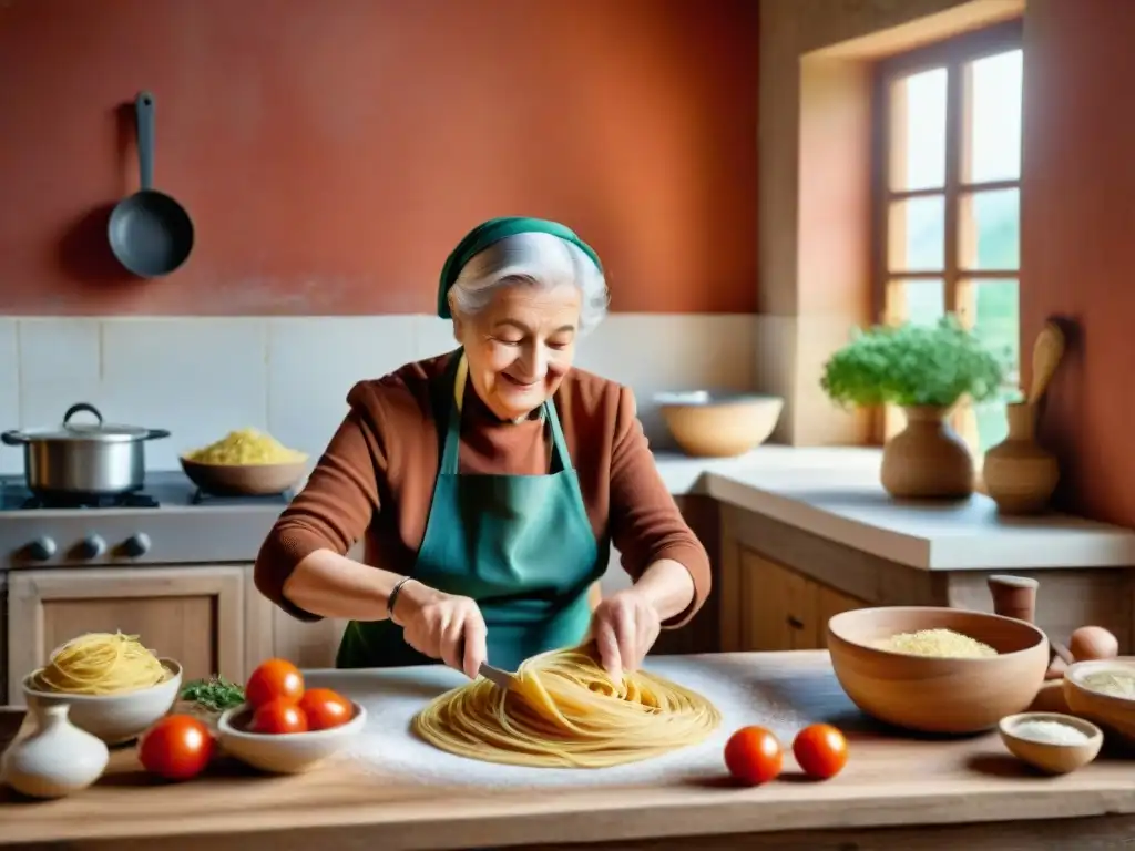 Nonna italiana amasa pasta fresca en cocina rústica, transmitiendo sabiduría culinaria generacional