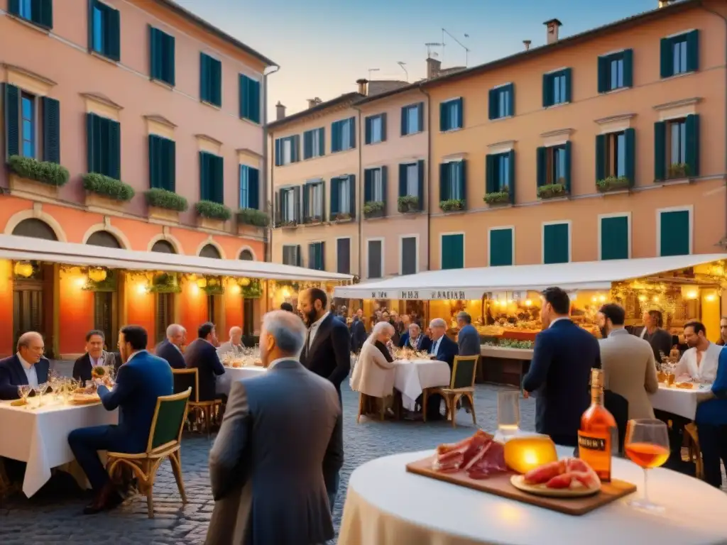 Una piazza italiana bulliciosa al atardecer, con locales y turistas disfrutando de un aperitivo