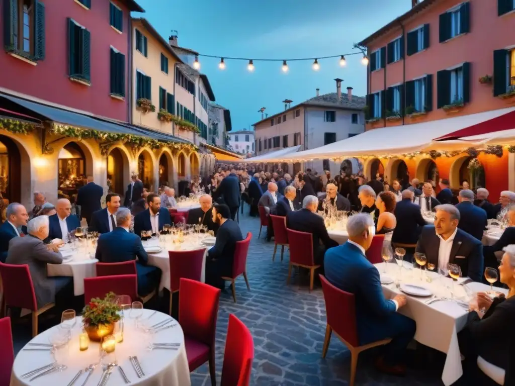 Una piazza italiana bulliciosa al anochecer con música jazz en vivo y cena gourmet