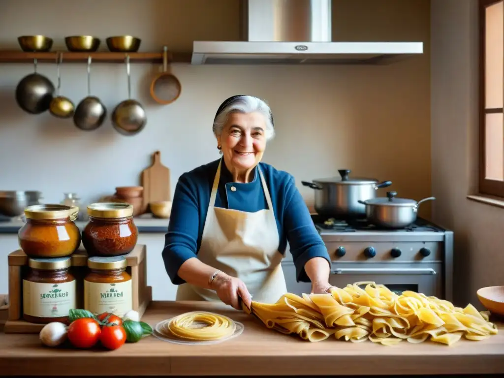 Nonna italiana en cocina acogedora de Bolonia, con secretos culinarios y pasta fresca