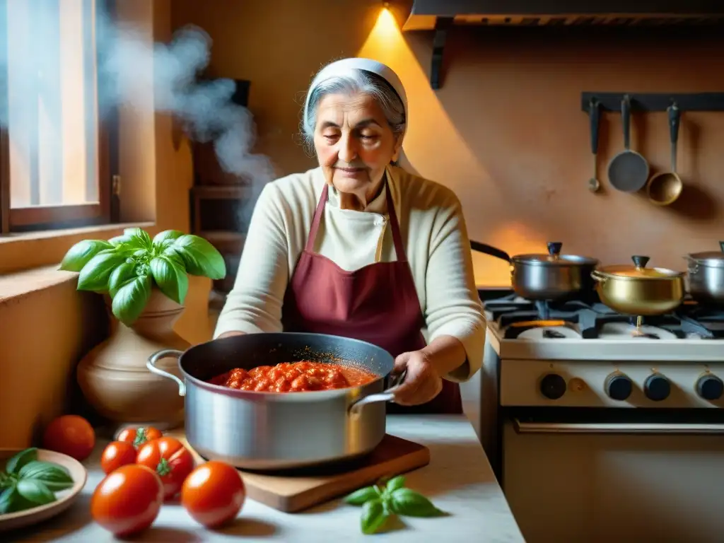 Nonna italiana cocina salsa de tomate casera en cocina rústica con ingredientes frescos