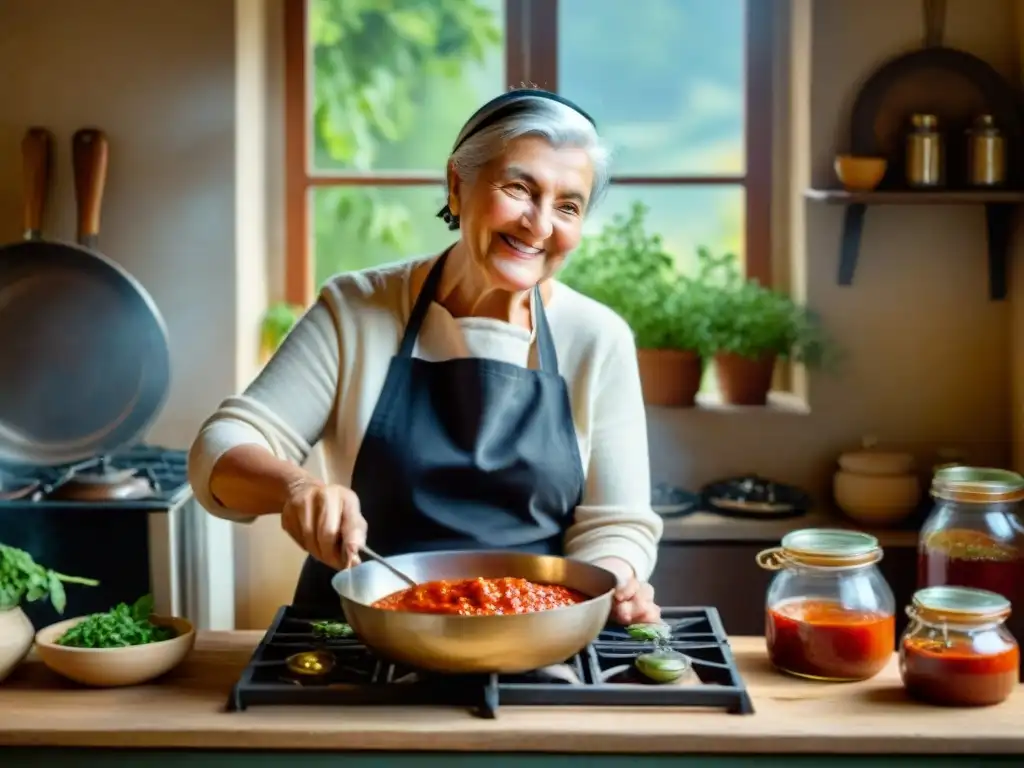 Nonna italiana sonríe mientras cocina salsa casera, rodeada de conservas y hierbas frescas, en una cocina rústica