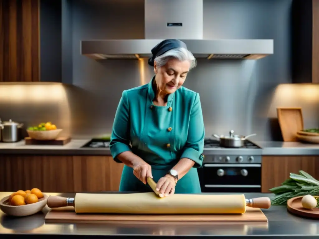 Nonna italiana en cocina moderna, amasando pasta con rodillo tradicional, equilibrio perfecto cocina italiana