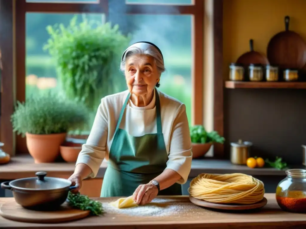 Nonna italiana en cocina rústica con hierbas y pasta casera, destilando tradición y calidez