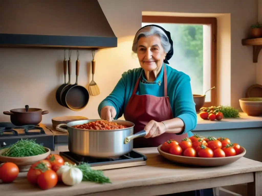 Nonna italiana remueve ragú en cocina rústica de Toscana