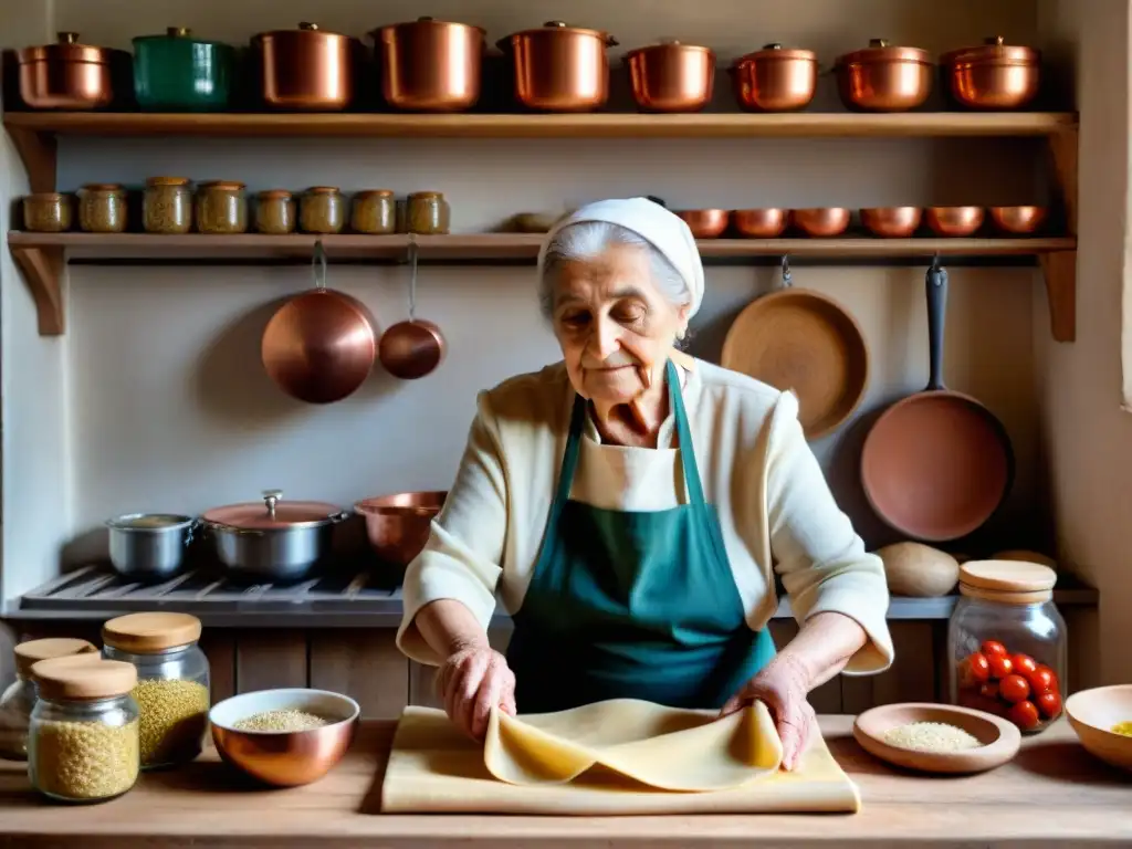 Nonna italiana en cocina tradicional amasa pasta con amor, evocando historias detrás recetas antiguas italianas