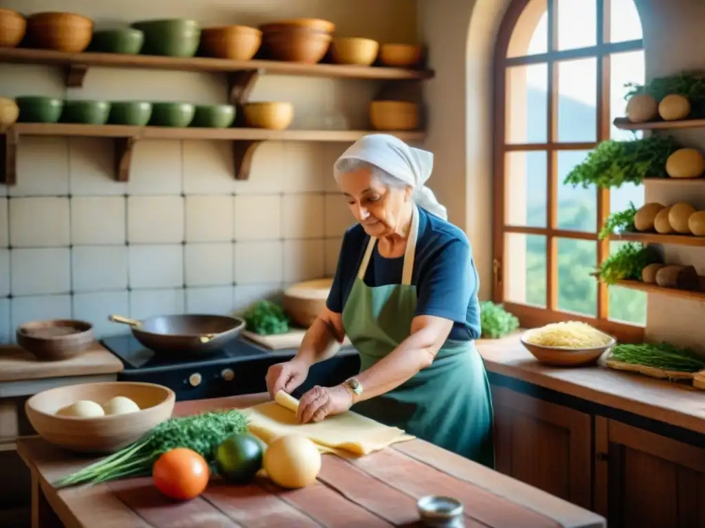 Nonna italiana en cocina tradicional, amasando pasta con destreza