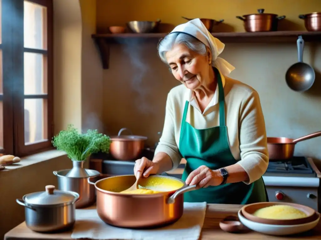 Nonna italiana en cocina tradicional, preparando polenta en olla de cobre con amor y tradición