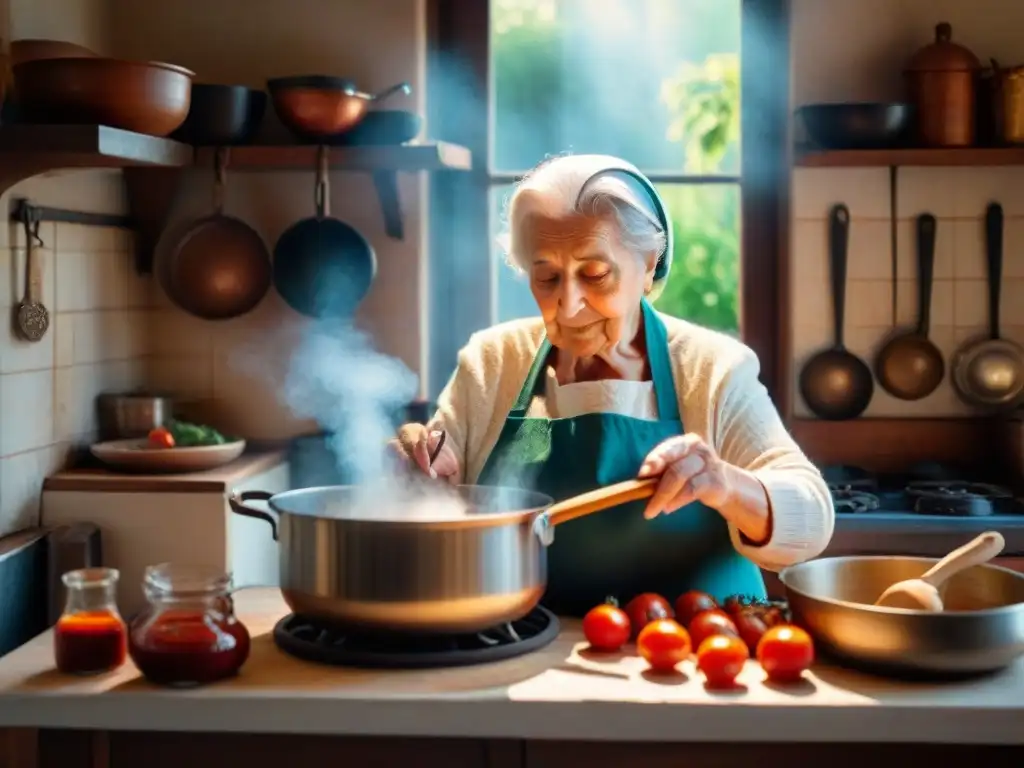 Nonna italiana en cocina tradicional removiendo salsa de tomate en olla vintage