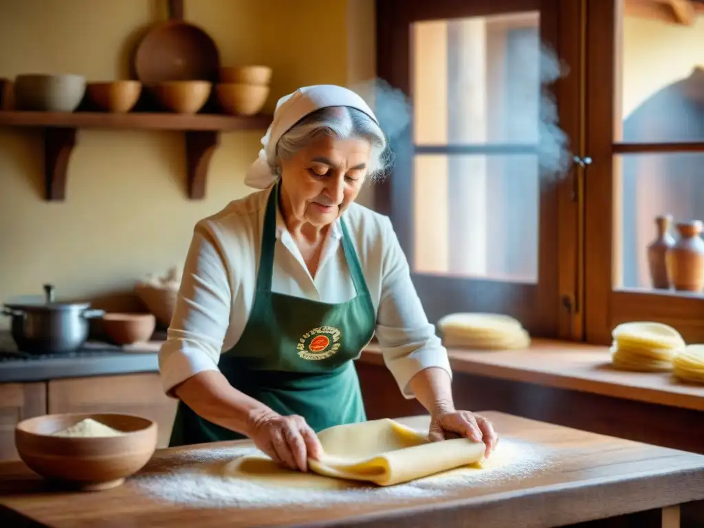 Nonna italiana experta preparando pasta casera en una nostálgica cocina vintage con aplicaciones cocina italiana paso a paso