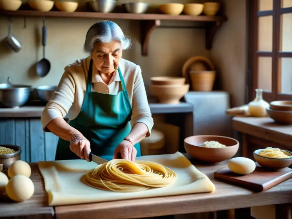 Nonna italiana experta preparando pasta en cocina rústica con autenticidad y modernidad