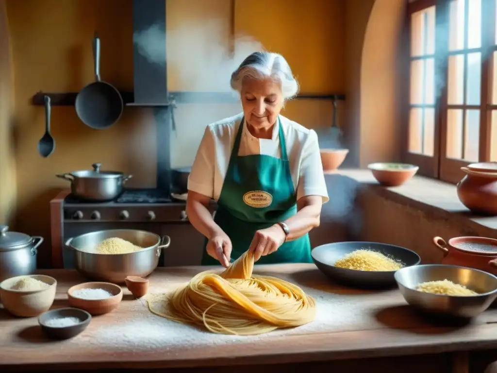 Nonna italiana experta haciendo pasta fresca en una cocina rústica, cursos de cocina italiana prestigiosos