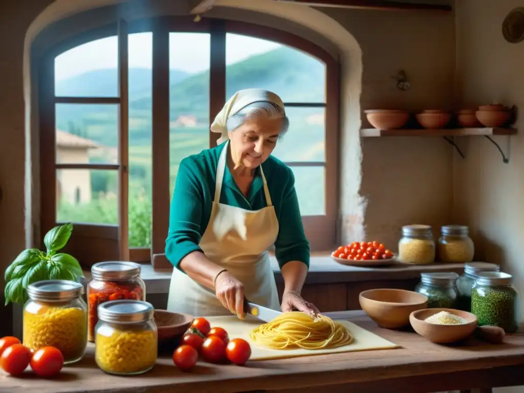 Nonna italiana experta preparando pasta fresca en cocina toscana con ingredientes frescos