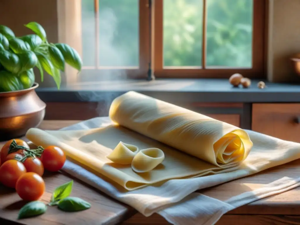 Nonna italiana experta preparando pasta fresca rodeada de ingredientes frescos