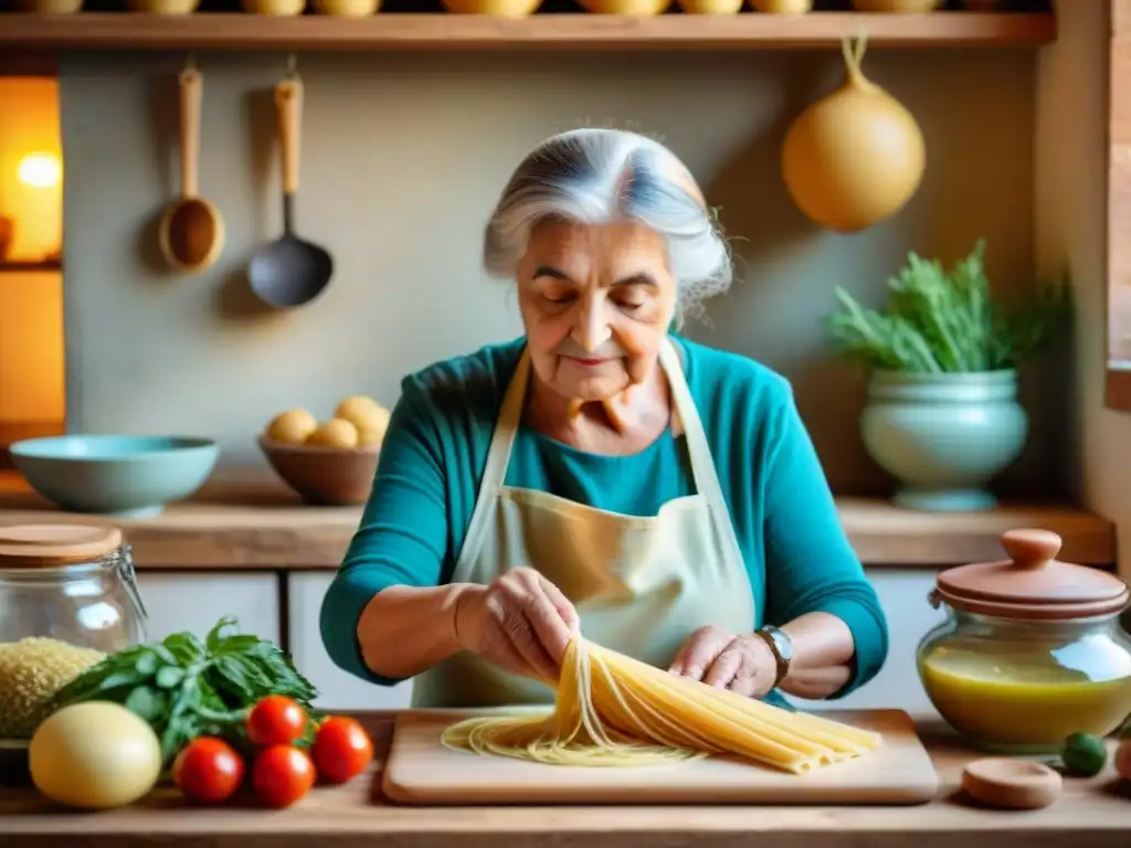 Nonna italiana experta moldeando pasta fresca rodeada de hierbas y verduras bajo la cálida luz de la cocina rústica, longevidad con cocina italiana