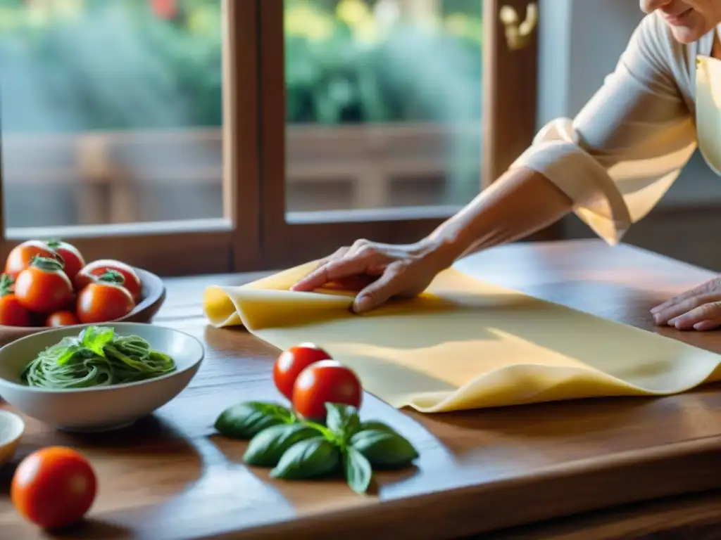 Nonna italiana experta preparando pasta fresca en una mesa de madera, rodeada de ingredientes frescos en un ambiente festivo y tradicional de Italia