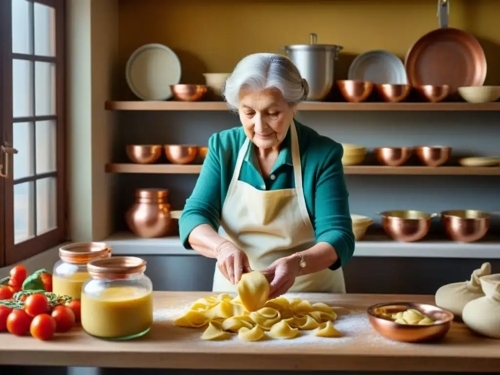 Nonna italiana experta moldeando tortellini en cálida cocina llena de tradición y sabiduría