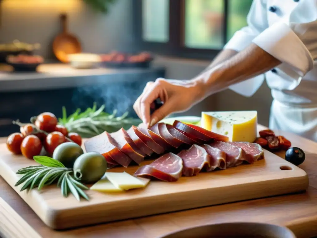 Preparación antipasti cocina italiana: Chef experto cortando embutidos, quesos y tomates secos en cocina tradicional italiana