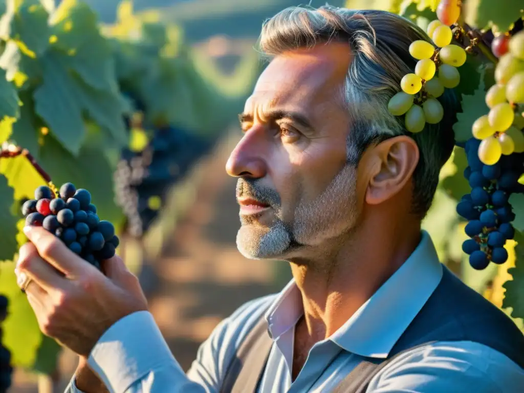 Vinificación italiana: experto vinicultor inspeccionando uvas Sangiovese al amanecer, mostrando pasión y excelencia en la calidad del vino